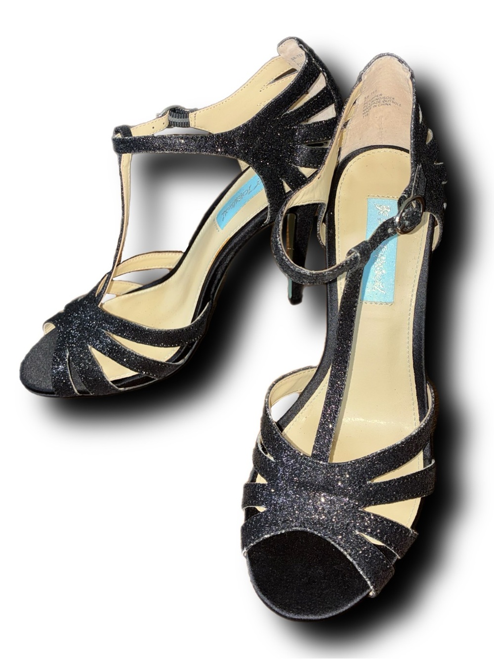 Betsey Johnson SB-Tee Black Glitter Buckle T-Strap Heels Pinup Glam Rockabilly - Picture 2 of 7
